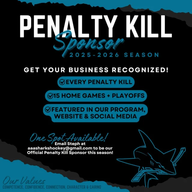 🔥 Be Part of the Action – Become Our Exclusive Penalty Kill Sponsor for the 2025-2026 Season! 🔥✨ Showcase your business every time we hit the ice and shut down the opposition this season!✨ With 15 home games plus playoffs, your brand will be front and center as we rally our fans with every penalty kill.✨ Gain exposure in our program, on our website, and across social media.✨ Only ONE spot available – don’t miss out on this unique chance to be part of the Sharks 2025-2026 season!🦈 Contact Steph at aaasharkshockey@gmail.com to claim this exclusive sponsorship!#AAASharksHockey #BattlefordsSharks #SharksNation #UnleashThePower #SponsorTheKill