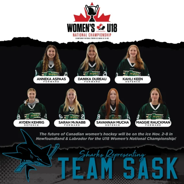 🦈 Sharks Representing Team Sask! 🦈A huge congratulations to our 7 Sharks who have earned the honour of representing Saskatchewan at the U18 Women’s National Championship, Nov. 2-8 in Newfoundland & Labrador.Your commitment, growth, and relentless drive have led you to this opportunity — and we couldn’t be prouder to see you wear the green and white on the national stage. 💚🤍Go show the country what Sharks hockey is all about! 🏒🔥