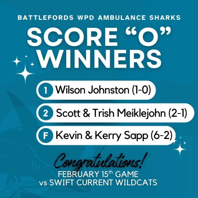 Congratulations to our Score “O” Winners! Sunday, February 15th Game vs Swift Current Wildcats