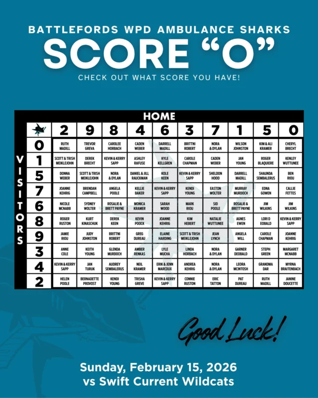Today's Score “O” 🦈 Check out what score you have! | Sunday, February 14th vs Swift Current Wildcats • Puck drops at 2PM!