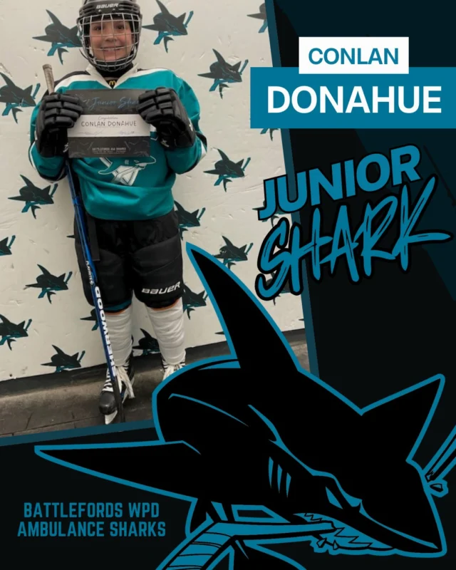 Conlan Donahue is often spotted in the stands cheering on the Sharks. She had a fun being a Junior Shark on March 1st, even snapping a picture with her favourite Shark, Elan Kramer!Conlan plays for the U11 Battlefords Teal Shars, attends grade 4 at Holy Family School and cheers on her favorite team, the Edmonton Oilers. Outside of hockey Conlan plays volleyball, softball, goes on adventures with her dad and spends time with her Husky and her “Big Fat Cat!” Conlan’s best advice is “Don’t give up, even when it gets hard & it’s going to get hard!  Thanks again for coming out, Conlan!