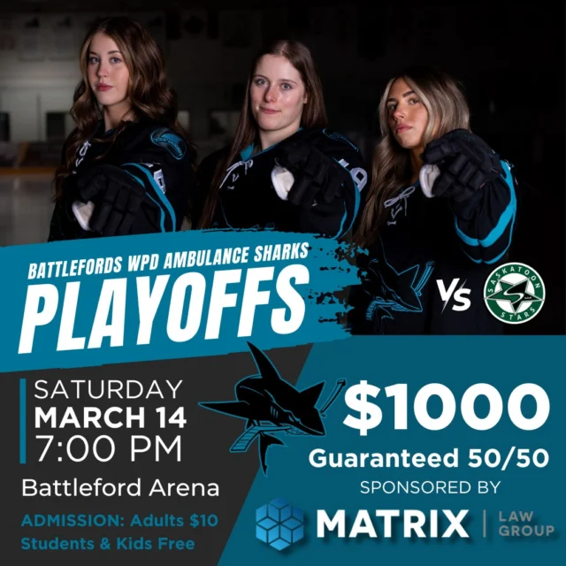 We are FIRED UP for PLAYOFFS!! GAME 1 is THIS Saturday!It's down to the final 4 teams in the SFU18AAAHL and your Battlefords WPD Ambulance Sharks are taking on the Saskatoon Stars in a best of 3 series!🗓 Saturday, March 14th🕖 7:00 PM📍Battleford Arena🦈 vs Saskatoon Stars💰$1000 50/50 Sponsored by Matrix Law Group!💵 Admission $10 for Adults • Students & Kids are FREELets fill the Shark Tank!!! See you there, Sharks Fans!