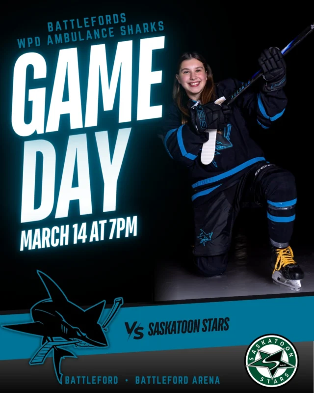 GAME DAY!!! 🦈 Game 1 of Playoffs in a Best of 3 Series vs Saskatoon Stars Let's fill the Shark Tank and GET LOUD for your Battlefords WPD Ambulance Sharks!🗓 Saturday, March 14th🕖 7:00 PM📍Battleford Arena🦈 vs Saskatoon Stars💰$1000 50/50 Sponsored by Matrix Law Group!💵 Admission $10 for Adults • Students & Kids are FREE#SFU18AAAHL #AAAhockey #NextUp #SharksHockey #PlayoffHockey