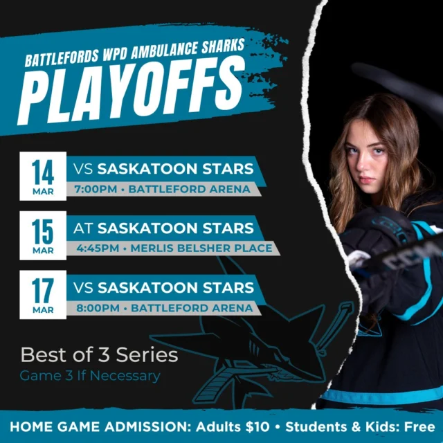 Best of 3 SFU18AAAHL Semi Final Playoff Schedule vs Saskatoon Stars:🦈 GAME 1: Saturday, March 14th • 7PM • Battleford Arena | Battleford, SK⭐ GAME 2: Sunday, March 15th • 4:45PM • Merlis Belsher Place | Saskatoon, SK🦈 GAME 3: Tuesday, March 17th • 8PM • Battleford Arena | Battleford, SK (If Necessary)#SFU18AAAHL #AAAhockey #NextUp #sharkshockey