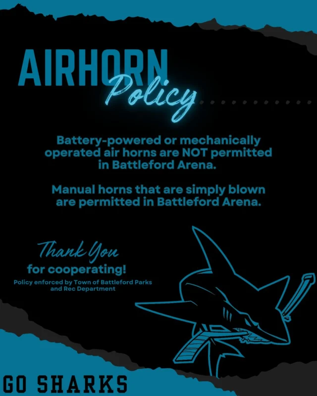 Ahead of our playoff game on Saturday, please note the AIRHORN POLICY at Battleford Arena:❌ Battery-powered or mechanically operated air horns are NOT permitted in Battleford Arena. ✔️ Manual horns that are simply blown are permitted in Battleford Arena.Thank you for cooperating! Policy enforced by Town of Battleford Parks and Rec Department
