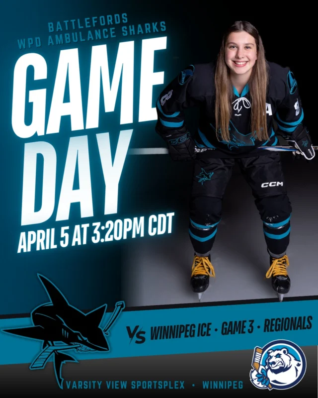 GAME DAY!!! 🦈 Game 3 of the West Regional Final Best of 3 Series vs Winnipeg Ice is tonight in Winnipeg, MB! Puck drops at 3:40PM CDT • 2:40PM CST SASK TIME! Note: change to puck drop since this post was created!Watch from home: This game will be live streamed with @gshow_productions! Buy the Game for $10 | Link in our bio#RoadToTheEssoCup2026 #AAAhockey #NextUp #SharksHockey #PlayoffHockey